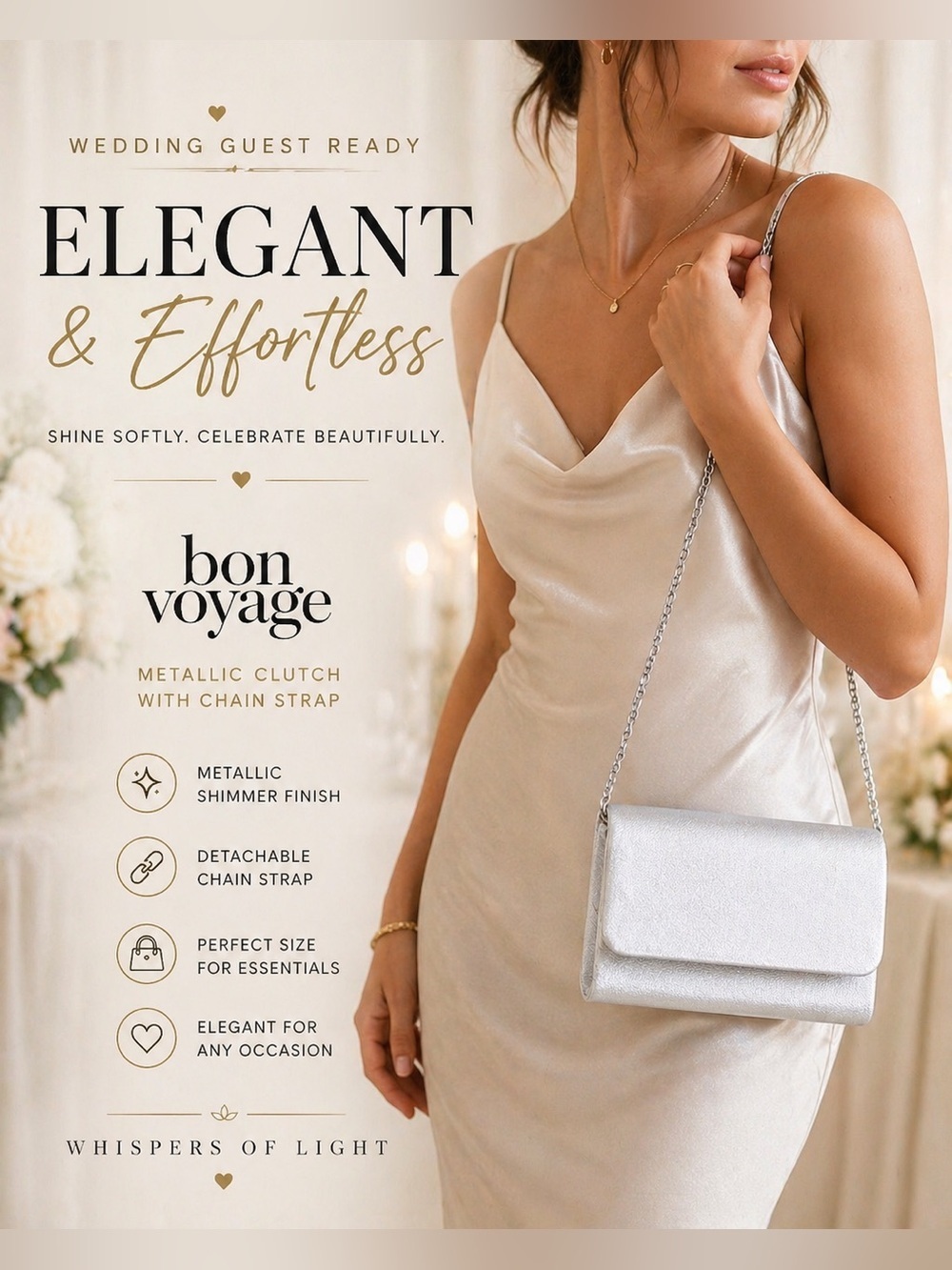 NWT Bon Voyage Silver Metallic Clutch | Chain Strap Evening Bag Wedding Formal